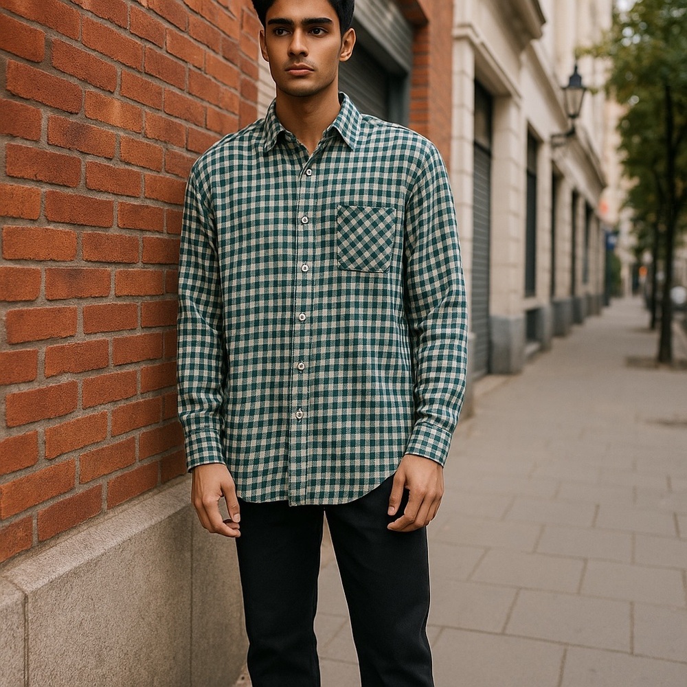 Gap Medium Men’s Long Sleeve Dress Shirt Green & White Gingham - Picture 1 of 4